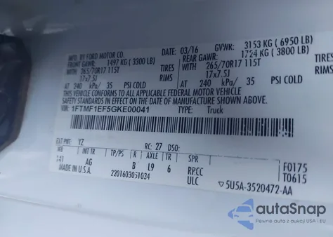 2016 Ford F-150 Xl from USA, damaged, VIN 1FTMF1EF5GKE00041